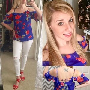 Skies Are Blue Ruffled Cold Shoulder Blouse in Red and Blue